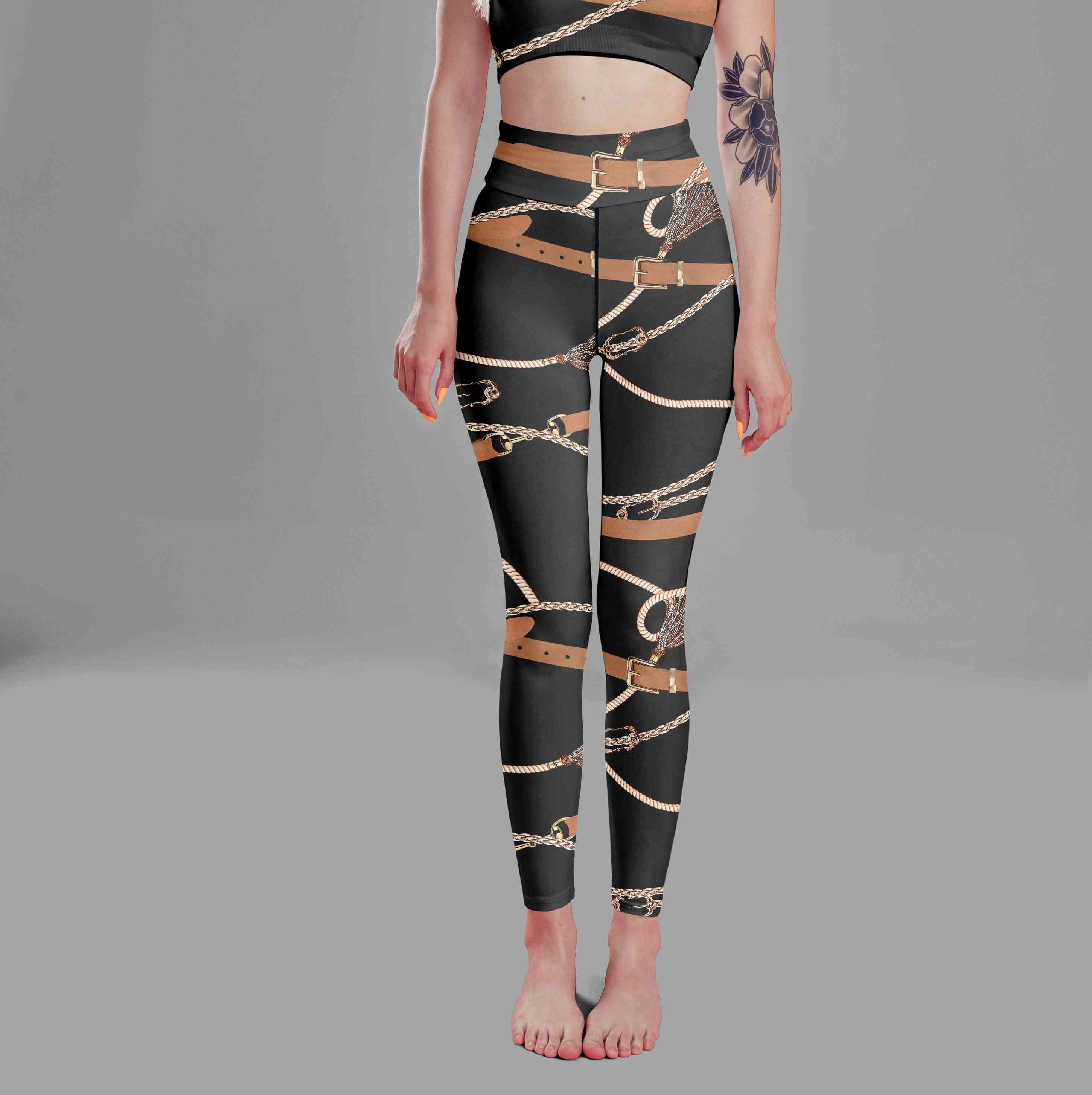 Belts And Chains Print, High Waist Leggings's