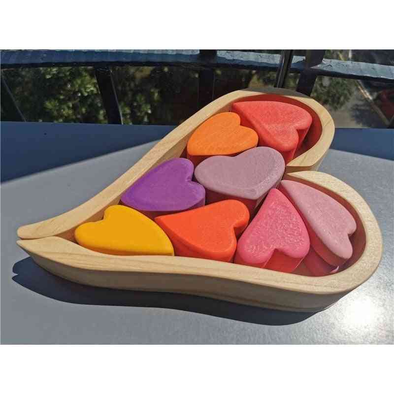 10pcs/set Kids Wooden Beech Rainbow Heart Stacking Blocks With Wood Tray Toy
