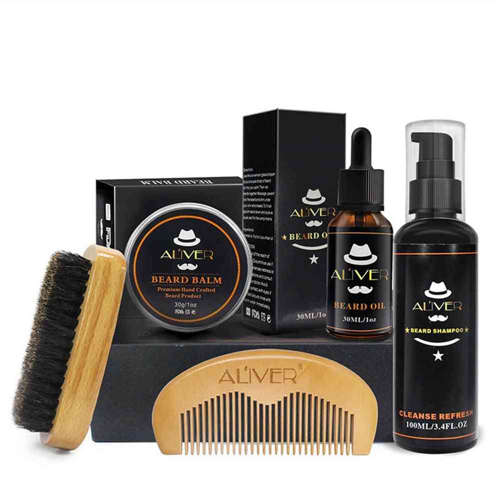 Sada na starostlivosť o bradu pre mužov - šampón, stylingový olej, hrebeň na drevo, krém