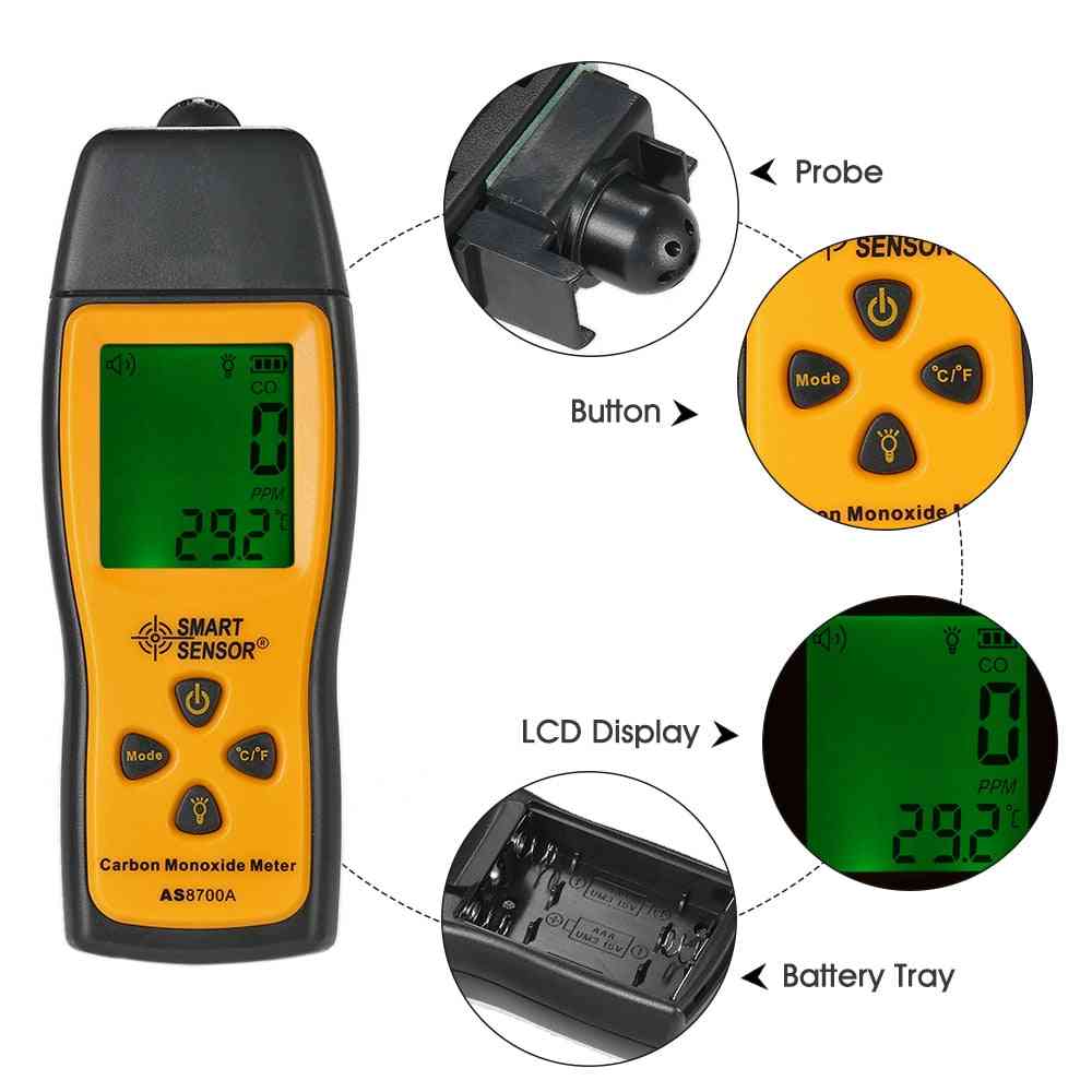 Håndholdt karbonmonoksidmåler, co gasstester monitor detector gauge