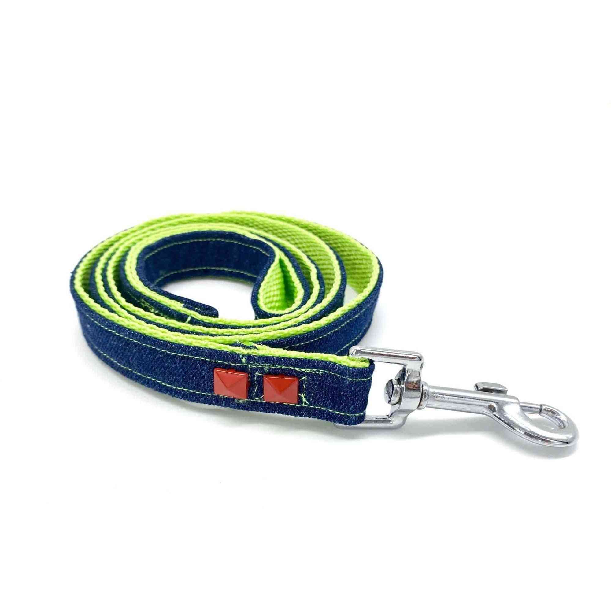 Navy Denim & Neon Dog Leash With Red Studs