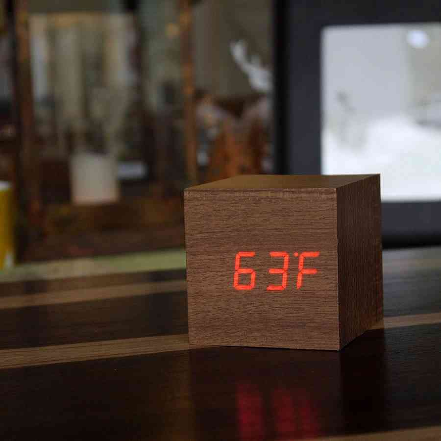 Led Teak Cube, Alarm Clock