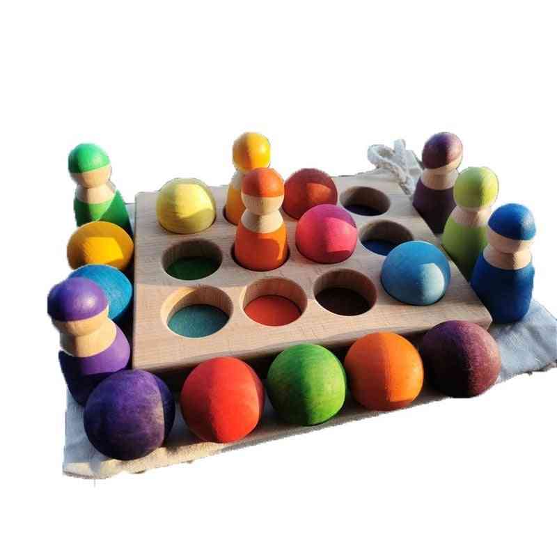 дървени цветни сортиращи дървени топки дъга и пастелна сфера с тава