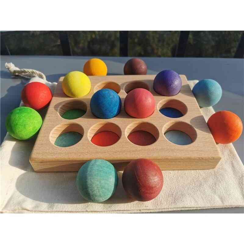 дървени цветни сортиращи дървени топки дъга и пастелна сфера с тава