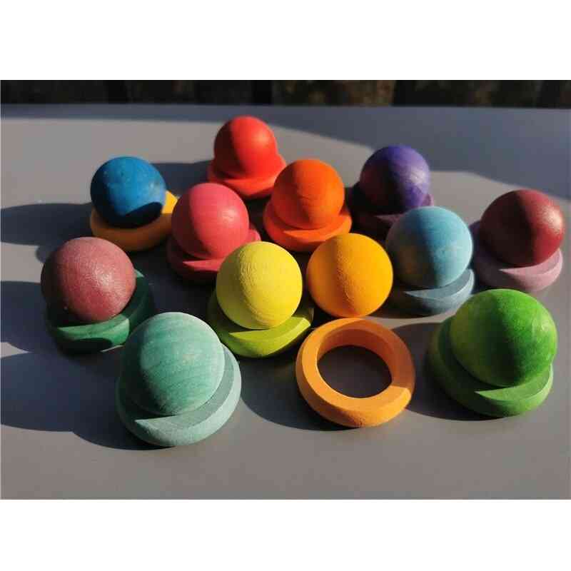 Wooden Color Sorting Wood Balls Rainbow & Pastel Sphere With Tray