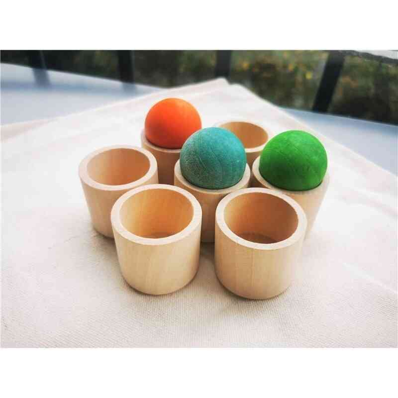 Drevené farebné triedenie drevených gúľ dúha a pastelová guľa s podnosom