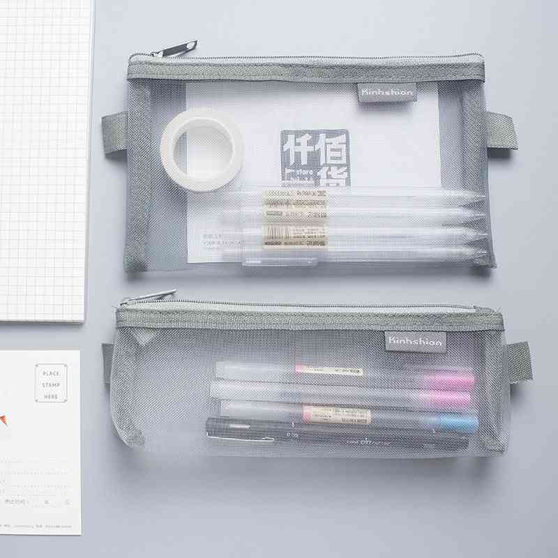 Simple Transparent, Mesh Pencil Case, Office, Student Nylon, Practical Pen Box