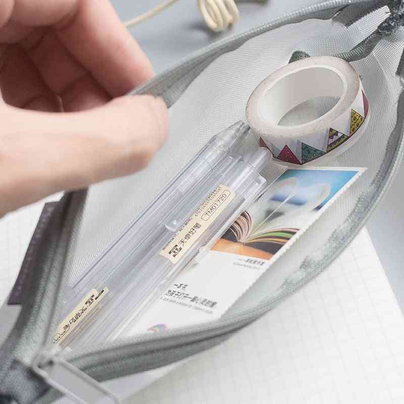 Simple Transparent, Mesh Pencil Case, Office, Student Nylon, Practical Pen Box