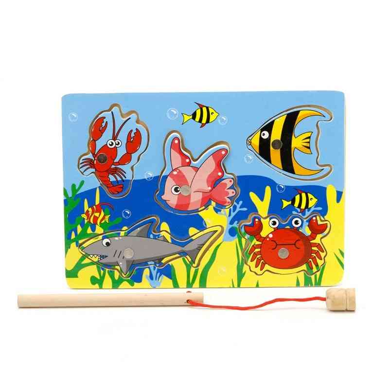 Joc de pescuit pentru copii - ocean de lemn, tabla de puzzle, lanseta magnetica, jucarie distractiva in aer liber