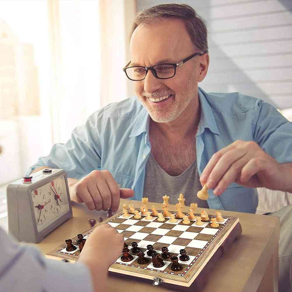 Juego de tablero de ajedrez de madera plegable, juego de damas de viaje de juguete