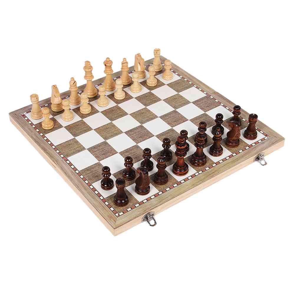 Foldable Wooden Chess Board Set, Travel Games Checkers Toy