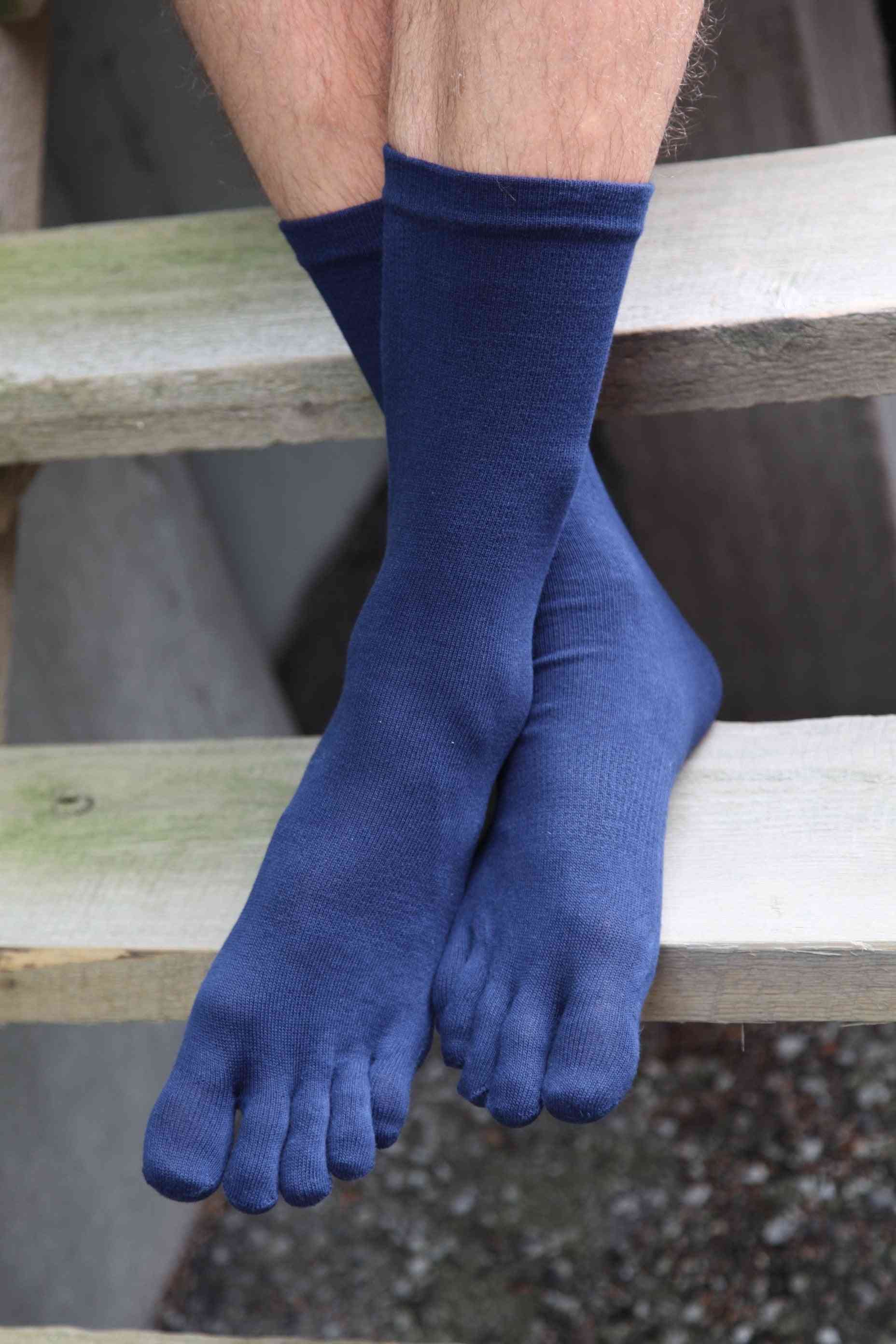 Blue Cotton Toe Socks For Men