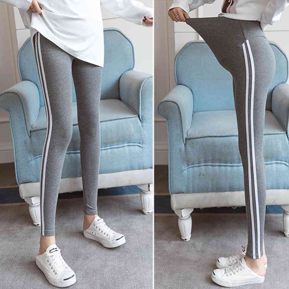 Simple Side Striped Trousers Maternity Pants Black Grey Abdomen Support Cotton Leggings