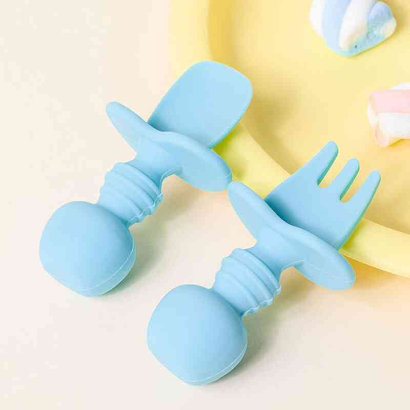 Baby Training Spoon Fork Set, Cute Cartoon Food Grade Silicone Tableware Short Handle