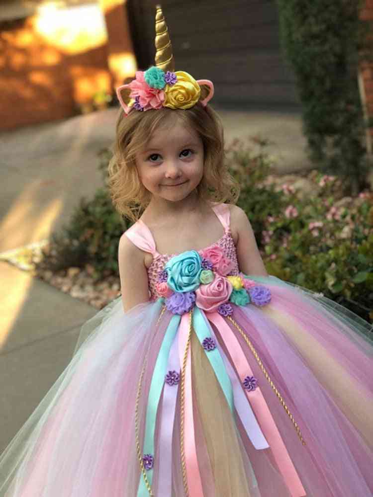 Girls Pastel Unicorn Flower Tutu Dress, Crochet Tulle Strap Ball Gown