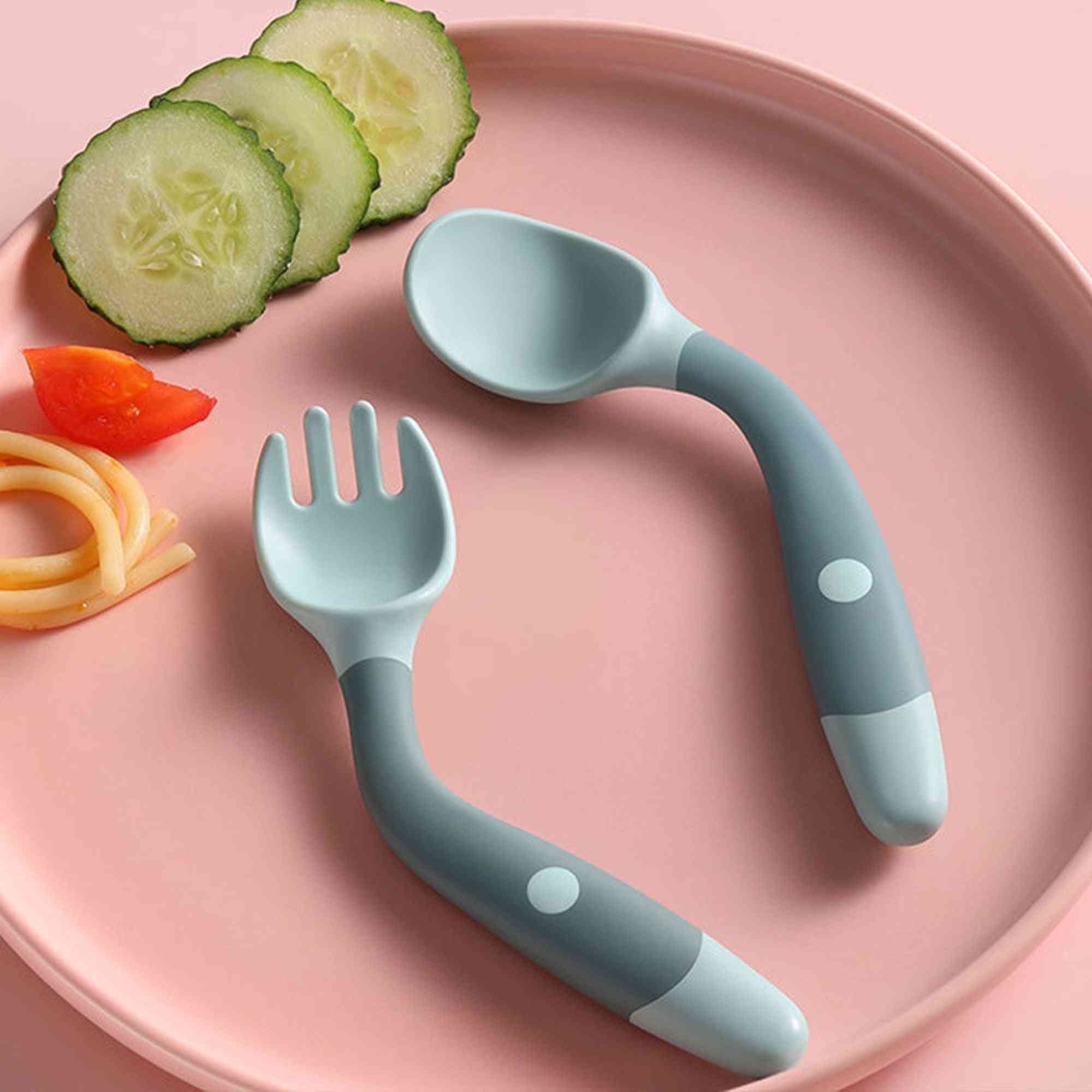 Auxiliary Food Eat, Bendable Soft Fork, Silicone Spoon Tableware Set For Baby