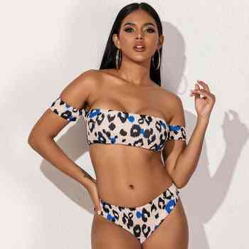 Kvinnors off -axel, leopardmönstrad bikini
