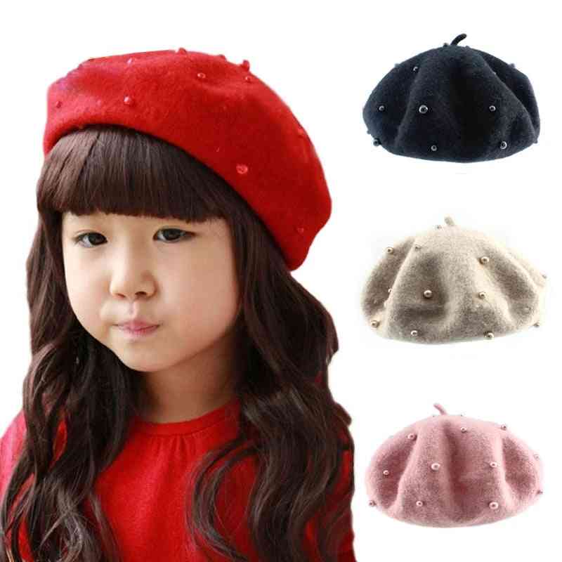 Candy Color- Wool Pearls, Retro Beret Cap For Baby Girl