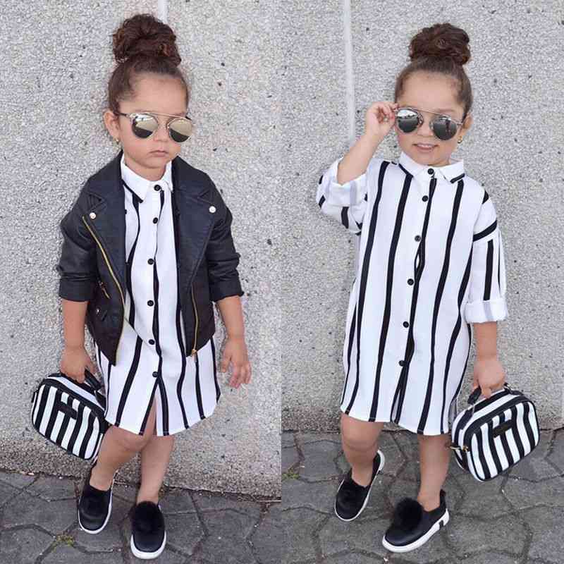 Girl Striped Dress, Kid Long Sleeve Buttons Shirt