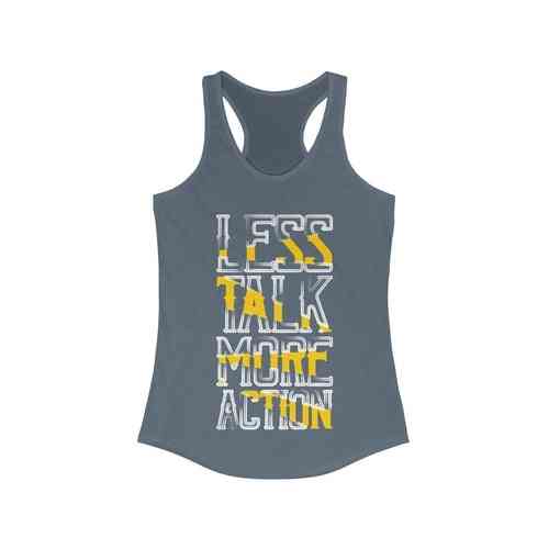 Less talk more action print, camiseta sin mangas con espalda cruzada para mujer