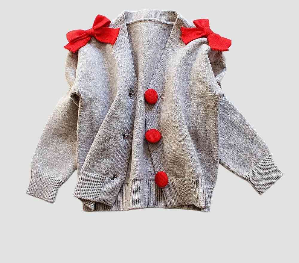 Toddler Girl Knitted Outerwear, Clothes, Sweater For, Button Design With Bow, Warm Cardigan
