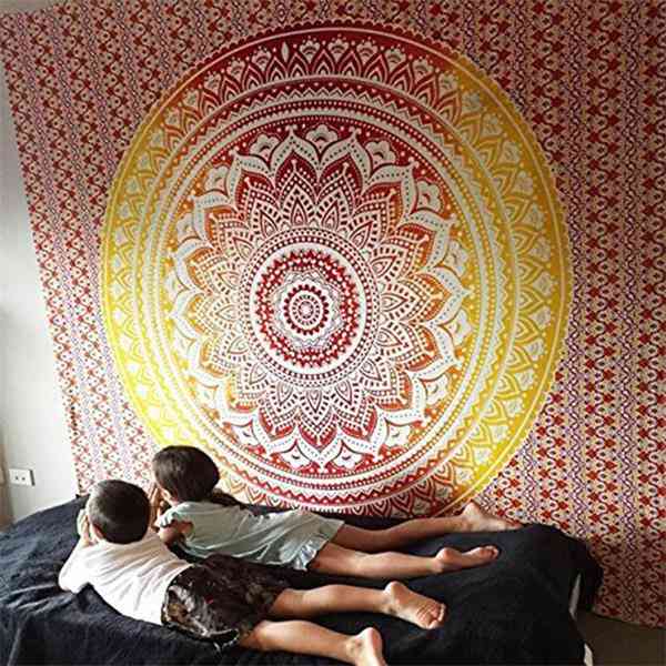 Indisk gobelin- væghængende boheme, tyndt yogasjal i polyester, mattæppe