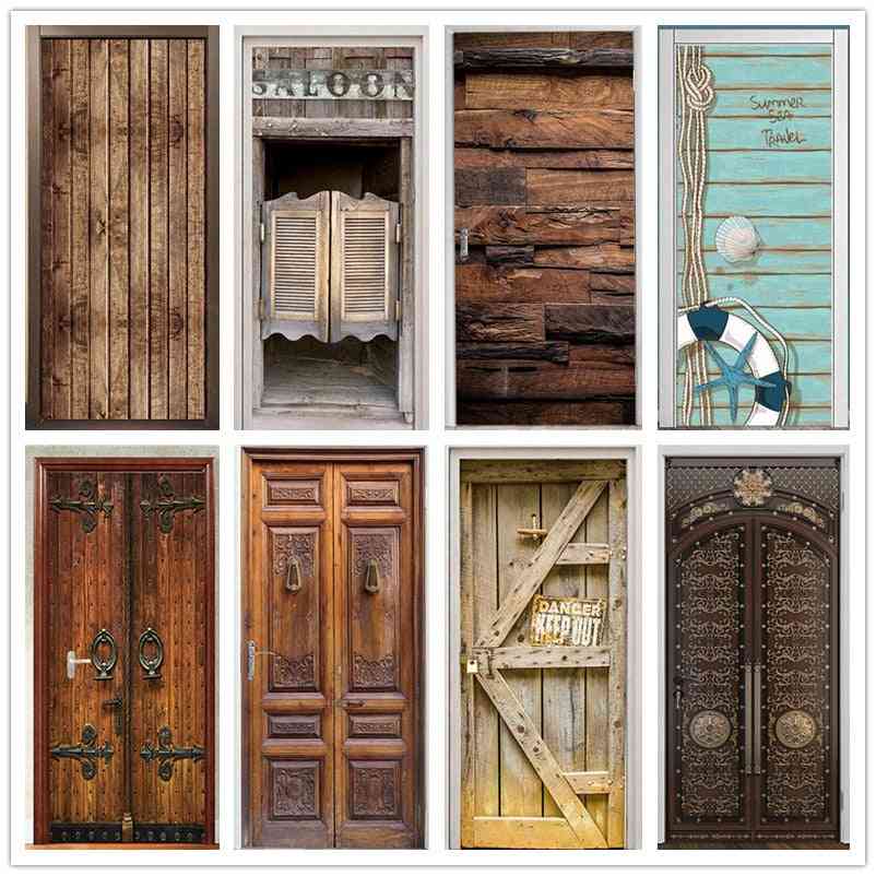 Retro Wooden Door Stickers- Wallpaper For Doors Living Room, Bedroom, Home Decor ( Set 3)