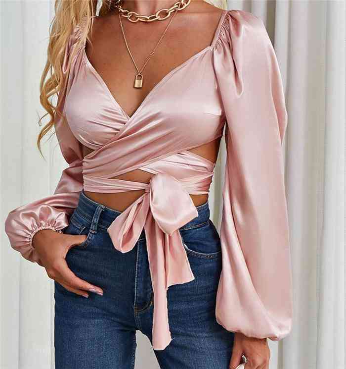 Satin Hollow Out Lace Up Top