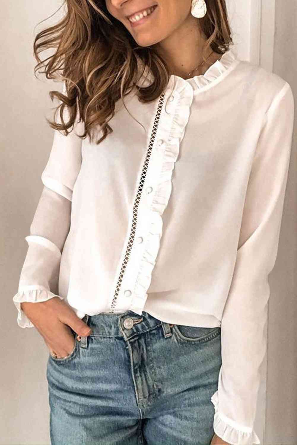 Women's Elegant White Frilled, Neckline Buttoned Shirt