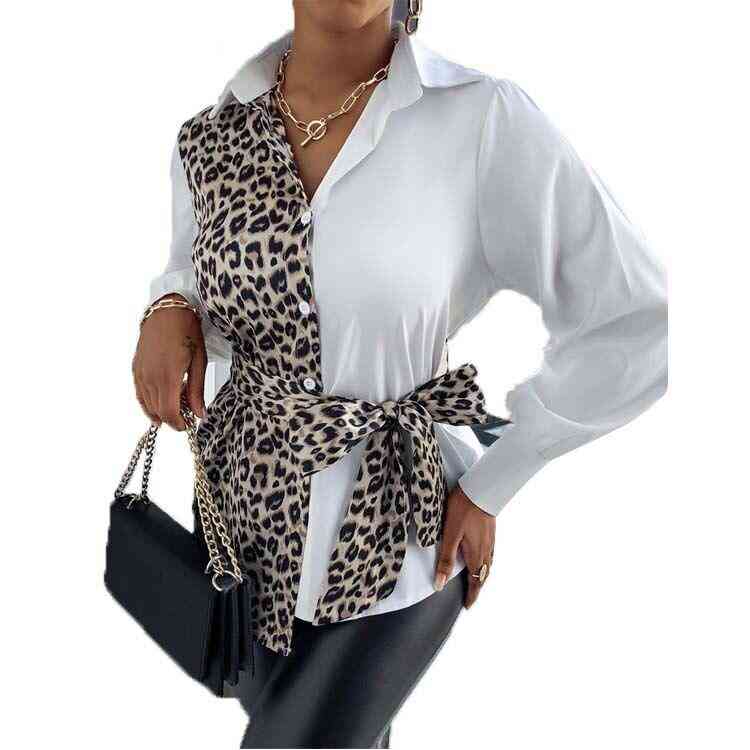 Women Bow Waistband Blouse, Leopard White Shirts