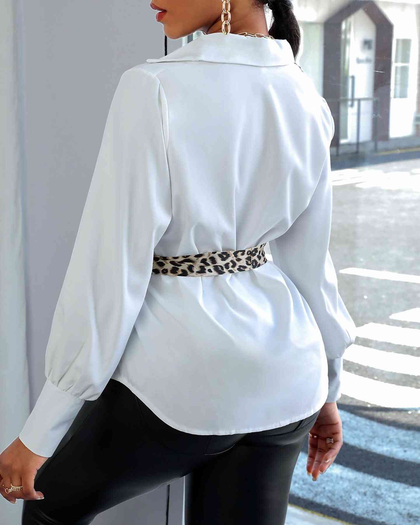 Women Bow Waistband Blouse, Leopard White Shirts