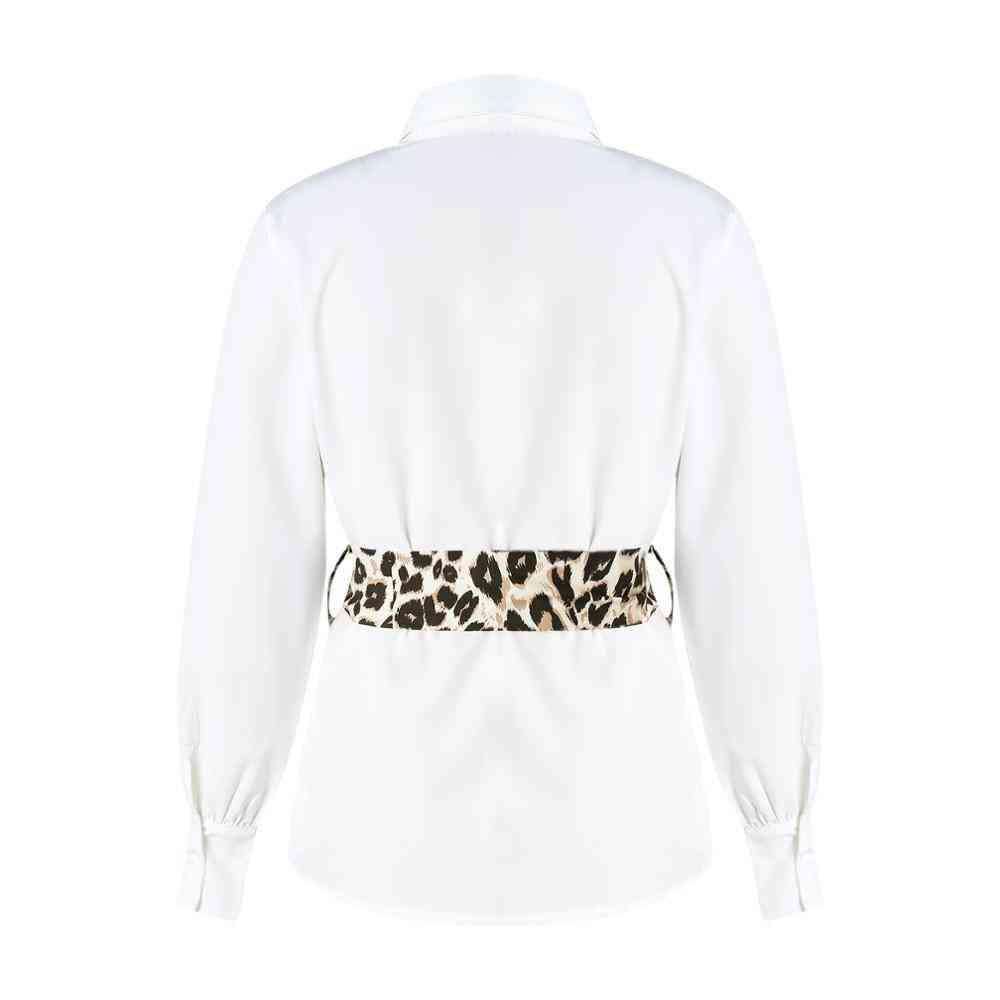 Camicetta da donna con fiocco in vita, camicie bianche leopardate