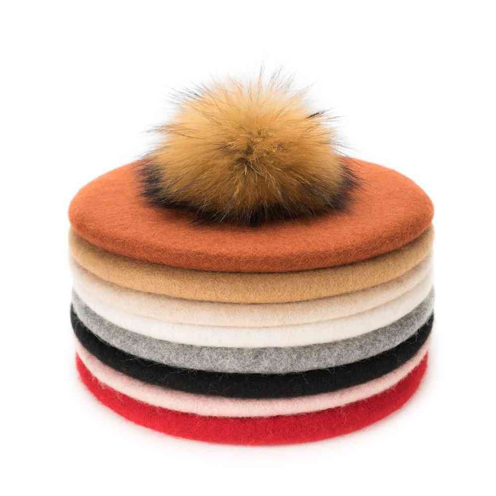 Baby Beret Warm Wool Winter Beanie Hat With Real Fur