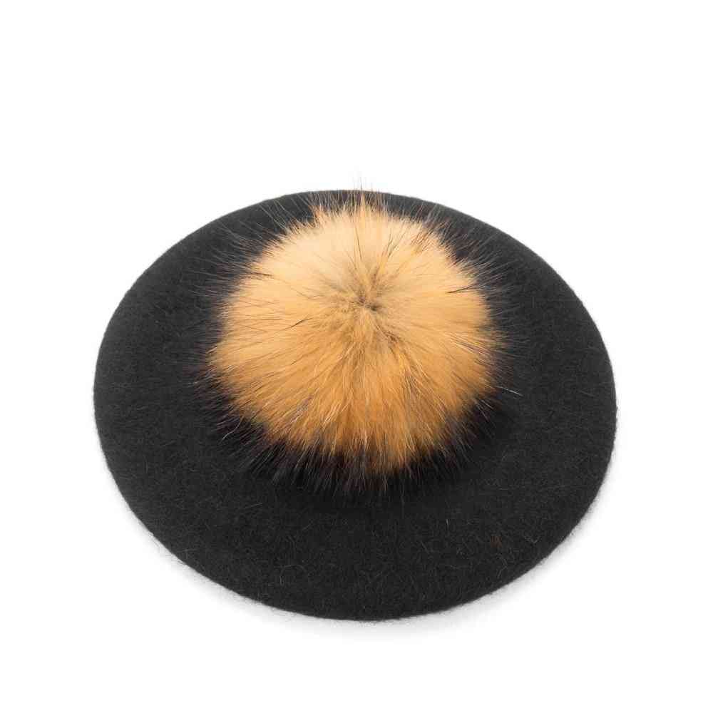 Baby Beret Warm Wool Winter Beanie Hat With Real Fur
