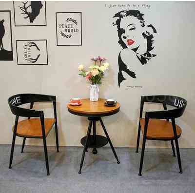 Iron Dining Chair, Industrial Wind Milk Tea Dessert Baking Shop Cafe Solid Wood Round Table And Chairs Combination