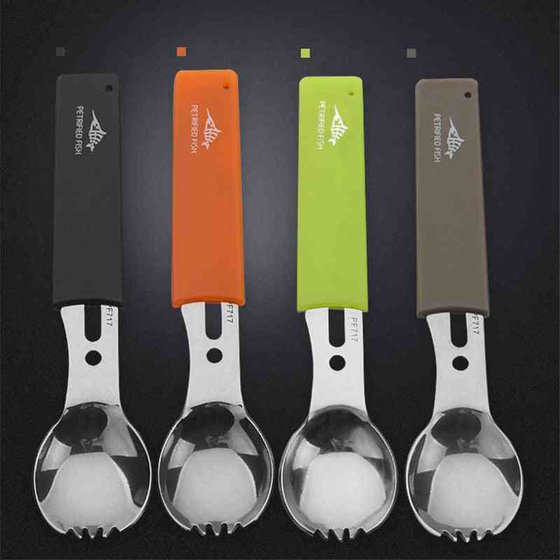 Stainless Steel- Camping Cookware Spoon, Fork Bottle Opener Kit Tool