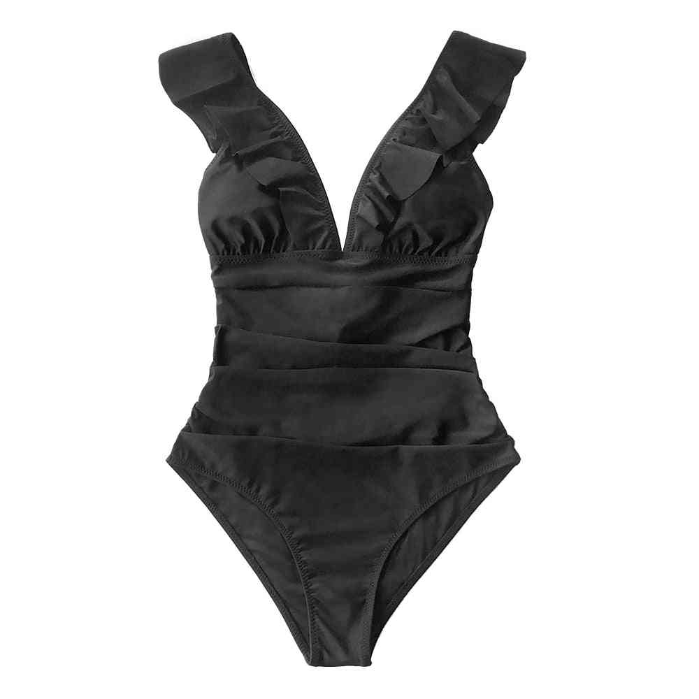 Solid Black Ruffled, One-piece Swimwear, Bathing Suits ( Set 2 )