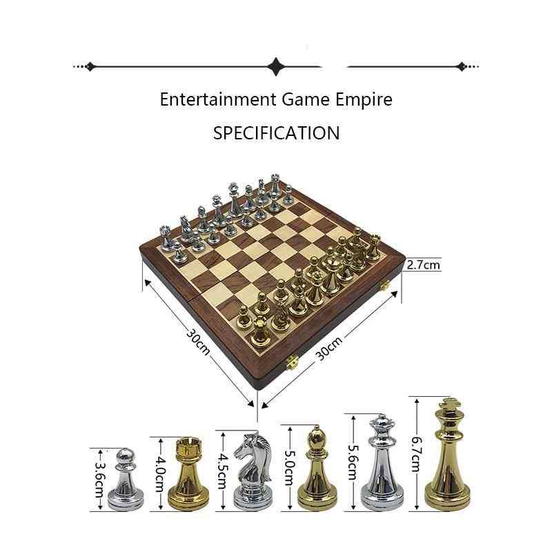 Wooden Folding Chessboard, Retro Metal Alloy Chess Game Set