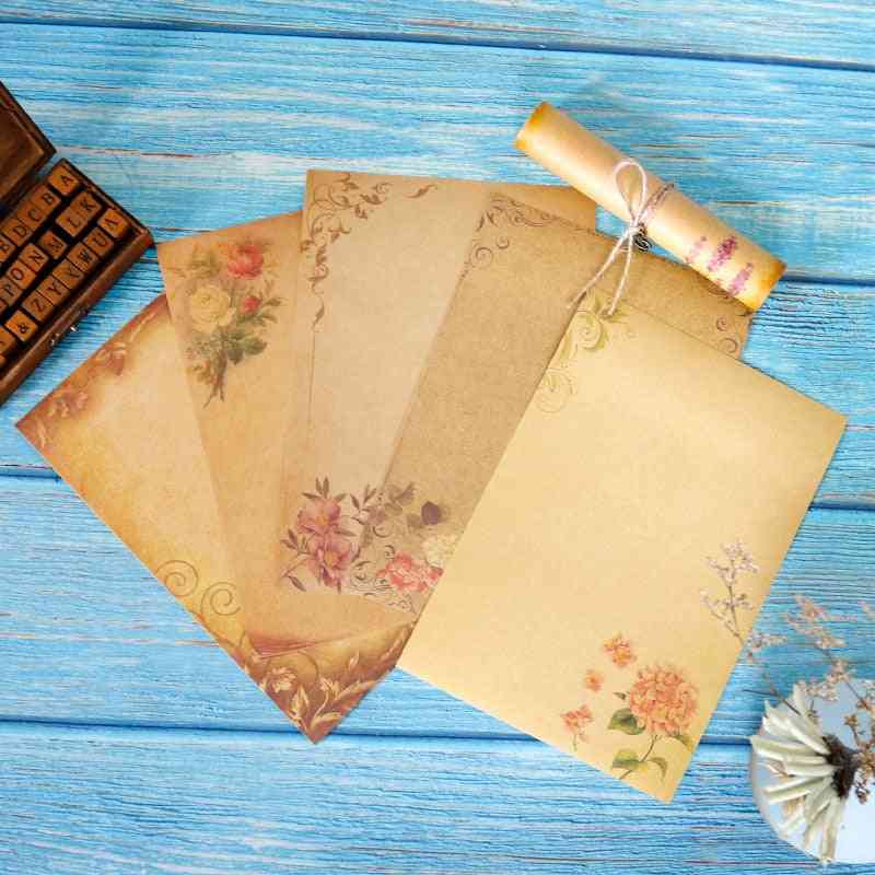 Flower Design Kraft Letter Paper, Creative Brown Craft Writing Stationery Pad, Office Supplies