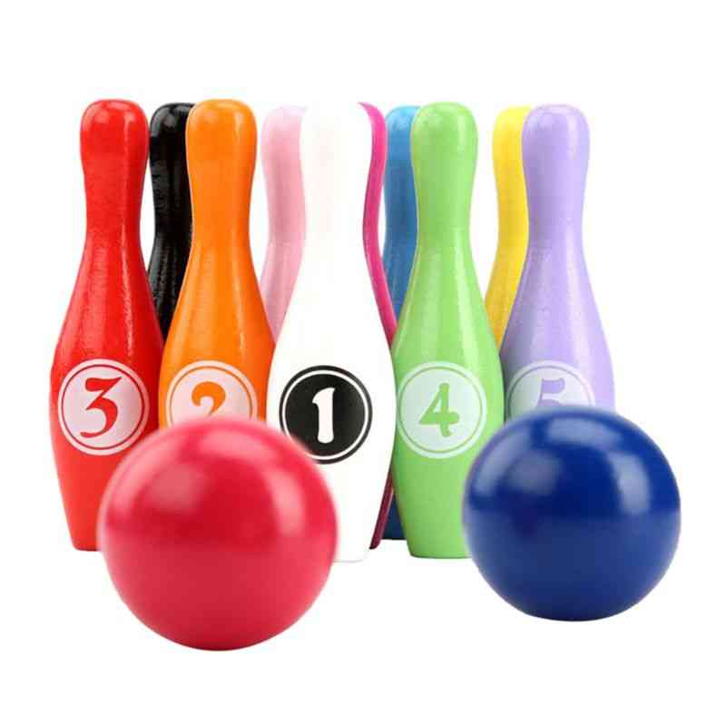 Dřevěná barevná bowlingová sada 10 kolíků 2 kuličkové bowlingové hry