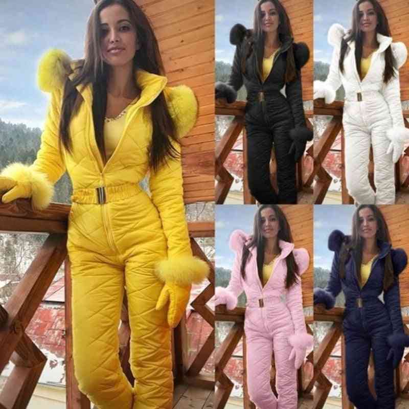 Winter Women's Hooded Jumpsuits, Warm Sashes Ski Suit