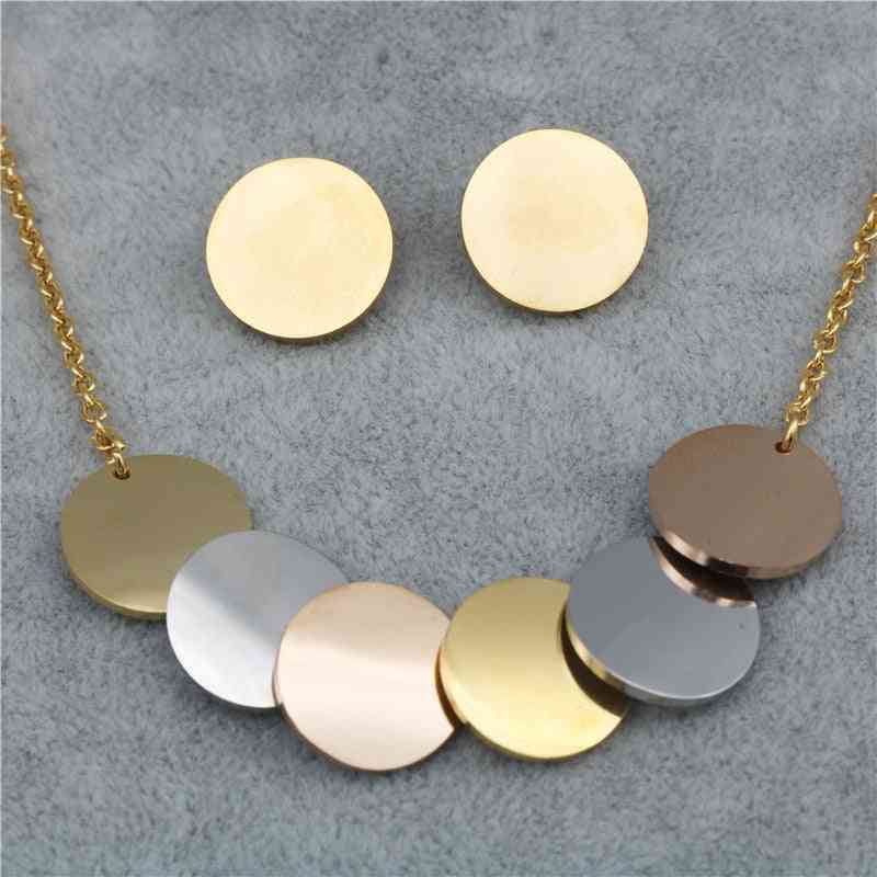 Pz Trendy- Stainless Steel, Three-color Pendant Necklace, Earrings Jewelry Sets