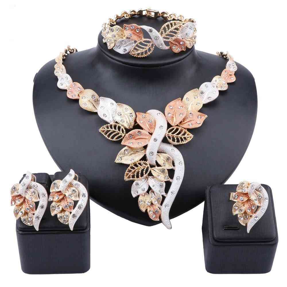 African Dubai Gold Nigerian Crystal Necklace Hoop Earrings Ring Jewelry Sets