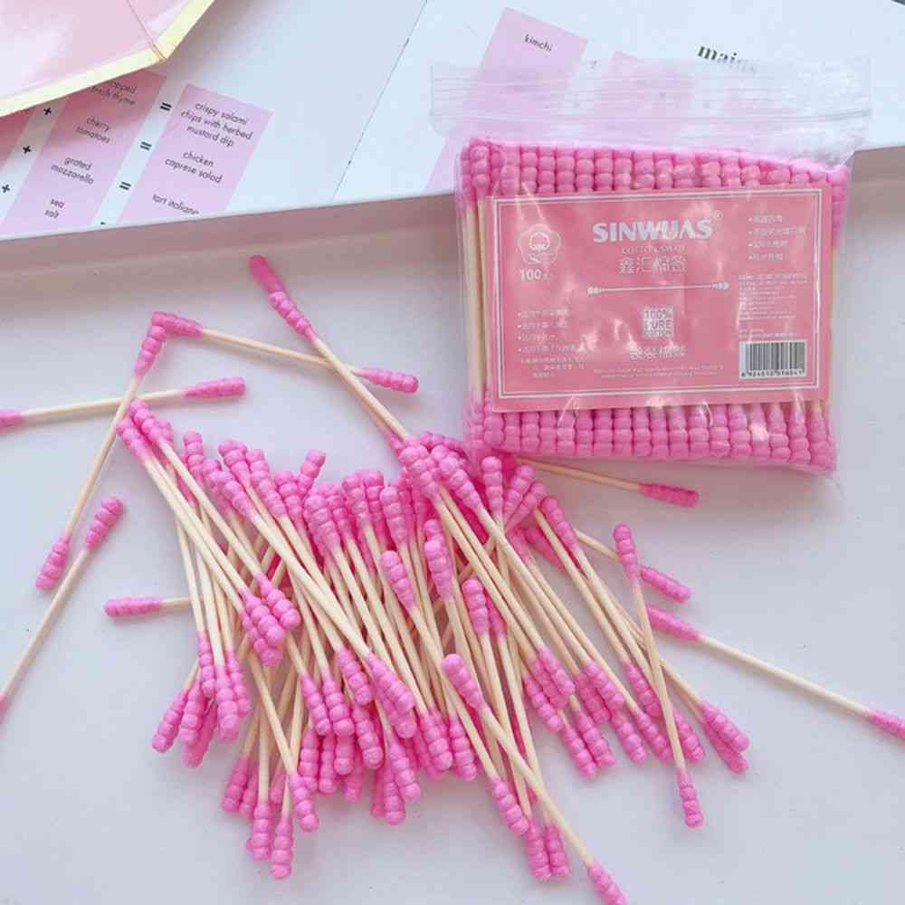 Pink Double Head Cotton Swab Sticks Female Makeup Remover Medical Nose Ears Cleaning
