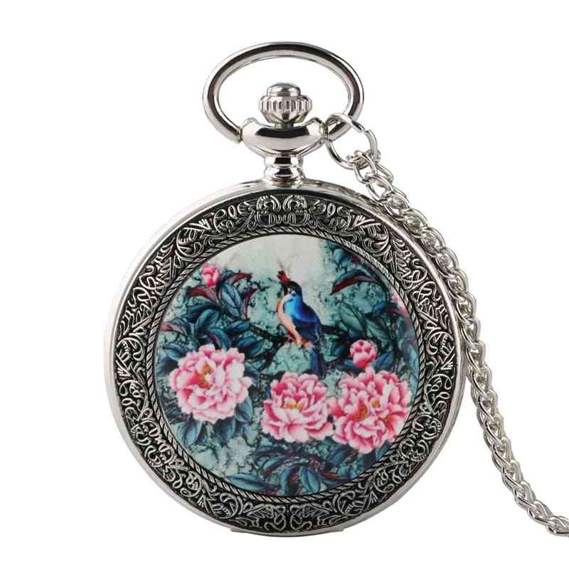 Silver Quartz, Pocket Watch With Exquisite Flowers Patterns, Pendant Chain