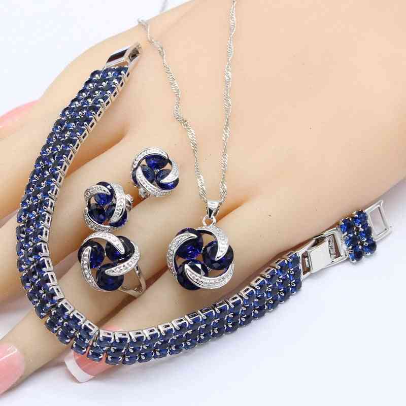 Women Round Crystal Bracelet, Stud Earrings & Necklace Pendant Rings