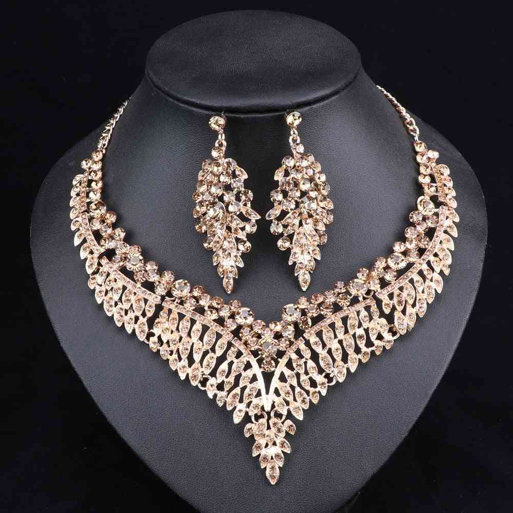 Leaf Bridal Jewelry Sets For Women, Big Crystal Statement Necklace, Earrings