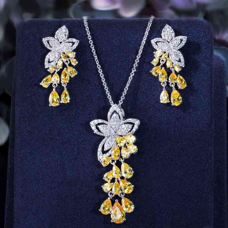 Cubic Zirconia Tassel Drop Flower Earrings And Pendant, Necklace Ladies Jewelry Sets