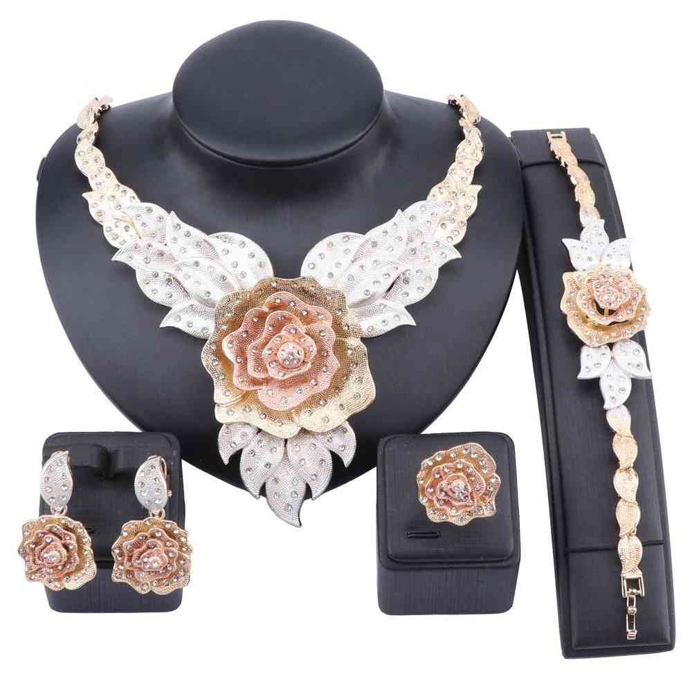 Women Party Bridal Fine Crystal Rose Flower Necklace Jewelry Sets