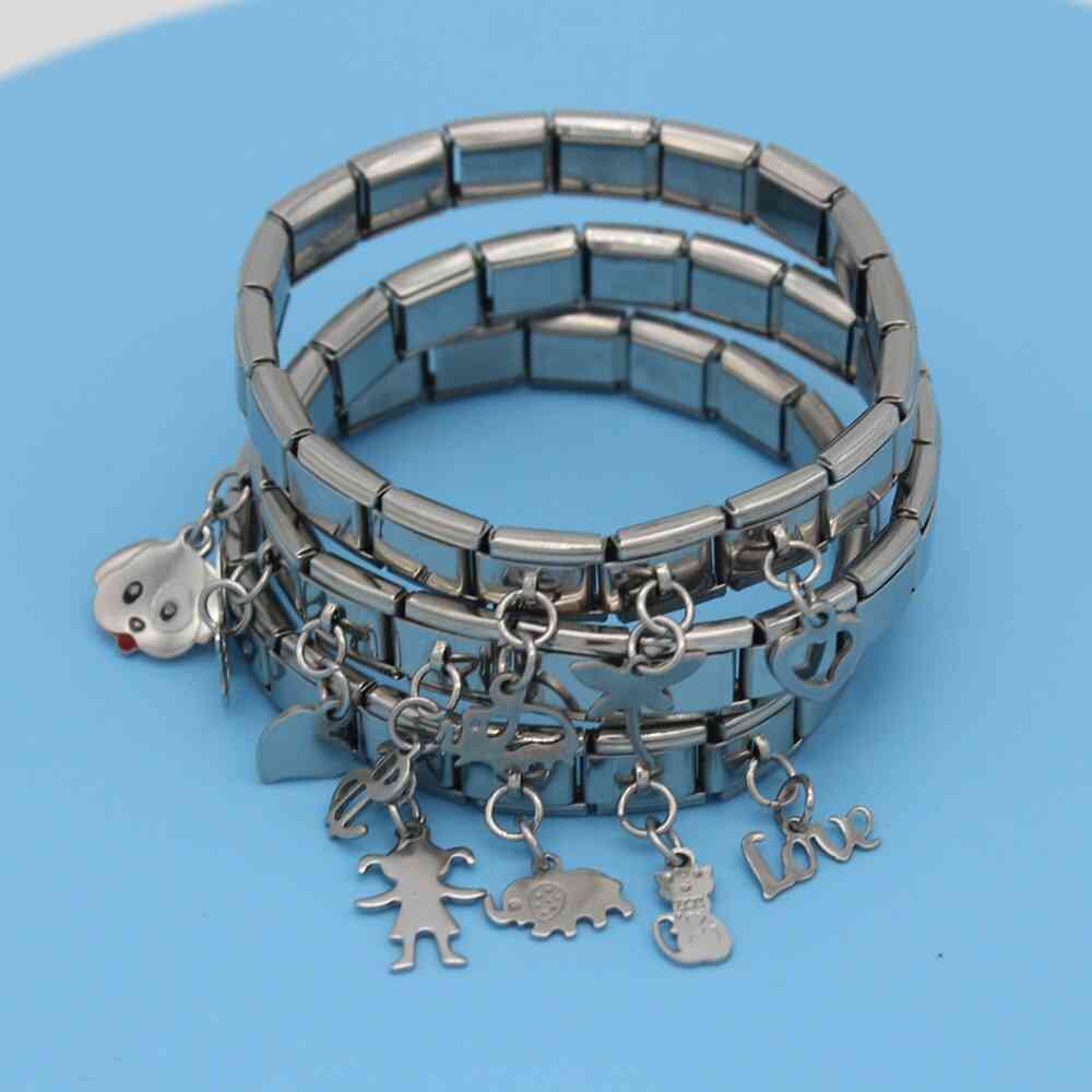 Stainless Steel- Daisy Elephant, Heart Dog, Love Charm Bracelet